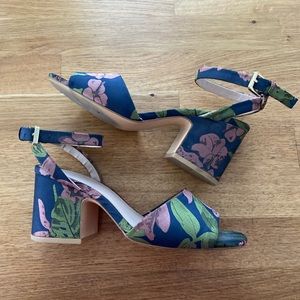 Satin floral heels with ankle strap